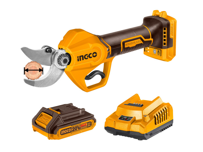 INGCO Akkus metszőolló 25 mm szénkefe nélküli 20 V (1 x 2,0 Ah akku + töltő)